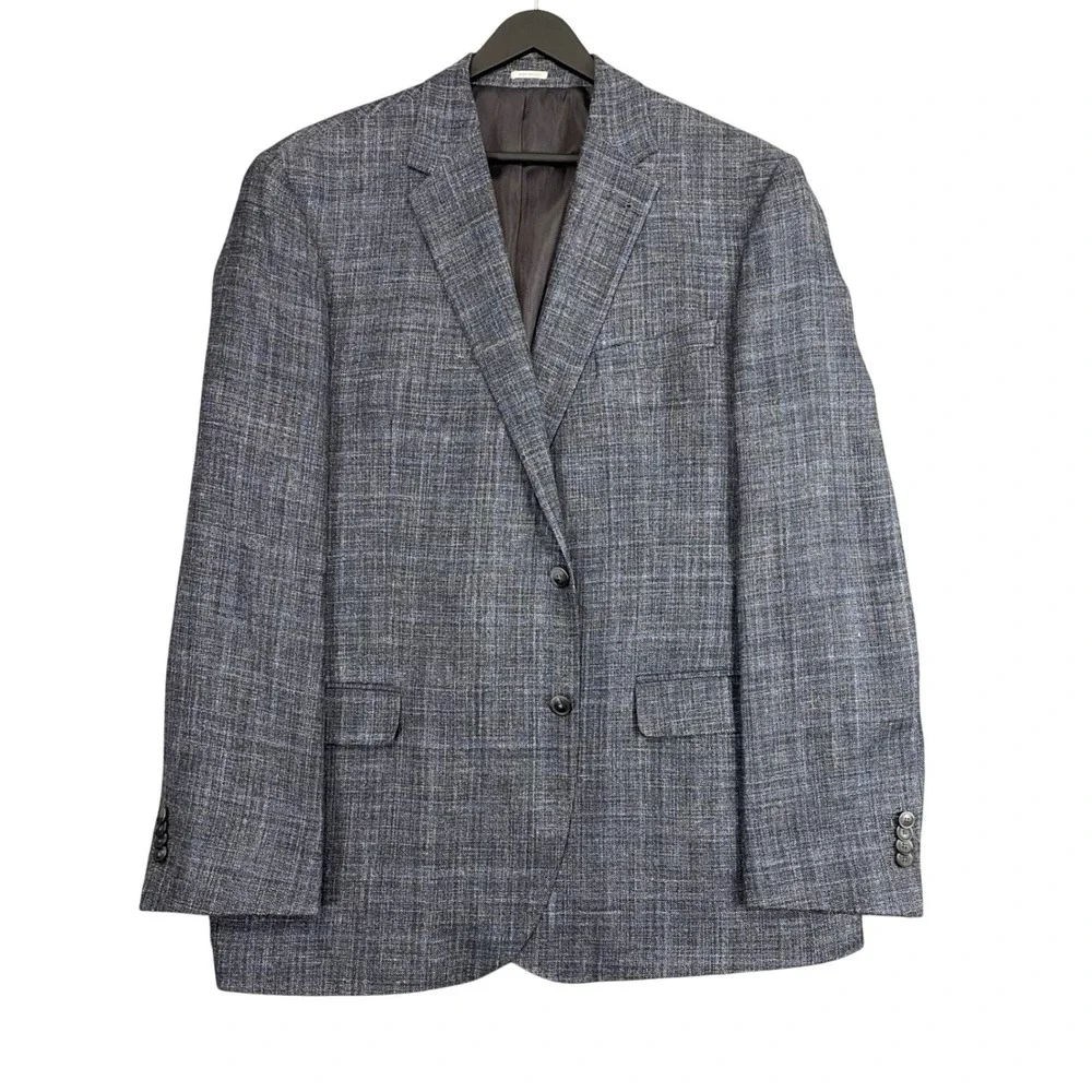 E. Thomas Joseph Linen Silk Sport Coat Blazer 48L Blue Wool Plaid Italy Heritage